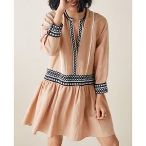 Zara Boho Tunic Mini Dress SMALL Tan Linen Embroidered Trim‎ Long Sleeve Casual